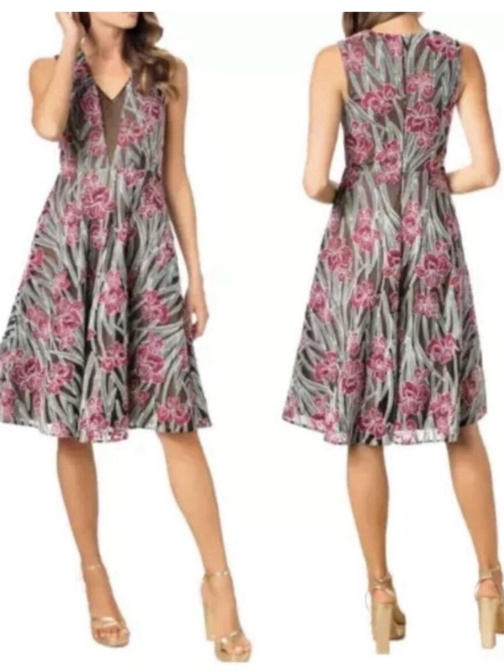 Dress the Population Floral V-Neck Sleeveless Midi Dress in Gray and Pink